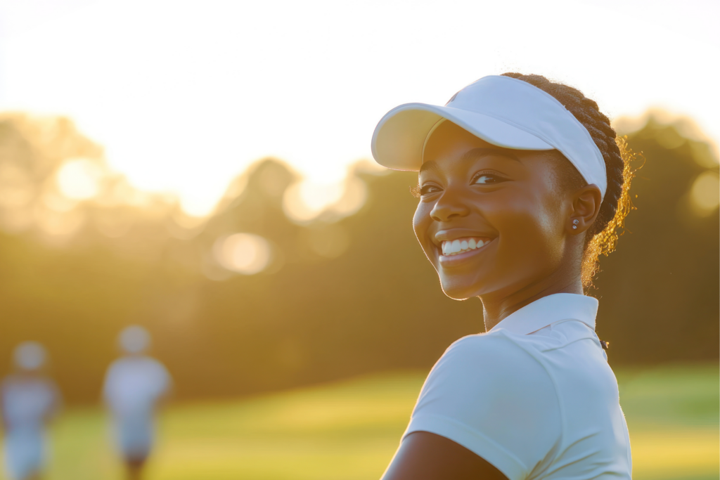 A young woman in a white cap is on a golf course during sunset and turns to the camera and smiles.